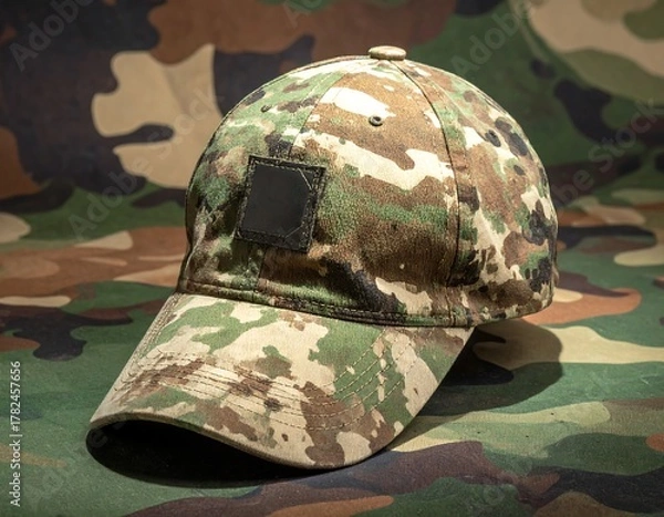 Obraz Camouflage patterned baseball cap lying on matching fabric in studio lighting