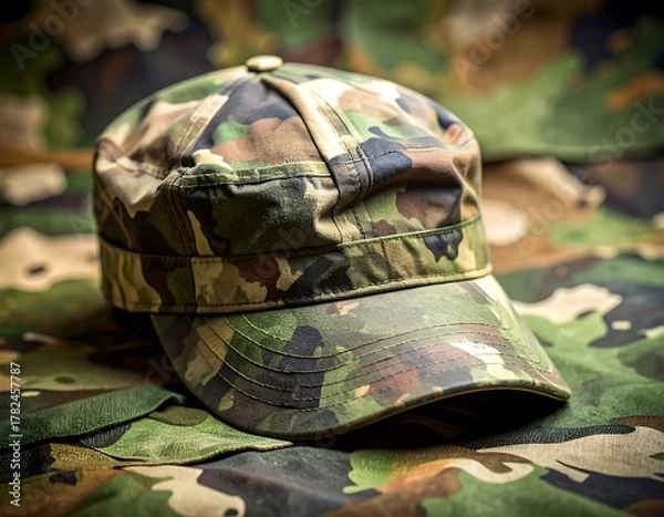 Obraz Camouflage patterned cap resting on a matching textured fabric surface; soft focus shot
