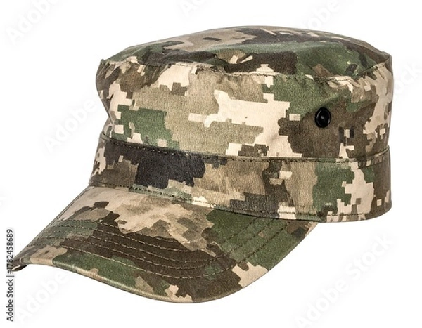 Obraz Camouflage patterned patrol cap with a short brim on a white isolated background