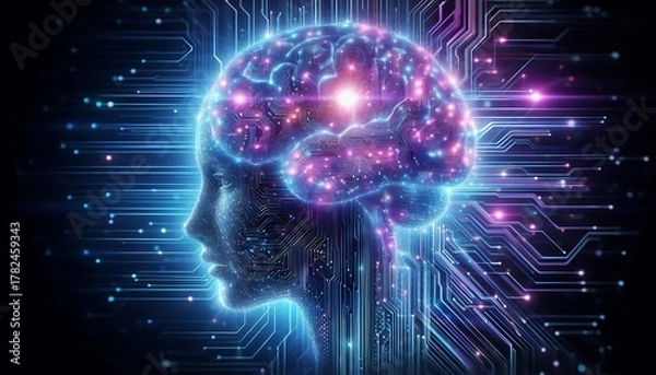 Fototapeta Abstract representation of a human brain with glowing circuits and digital connections