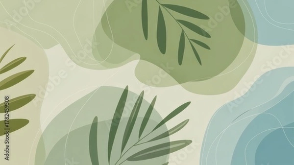 Fototapeta Soft Abstract Organic Shapes With Green Leaves And Blue Waves image