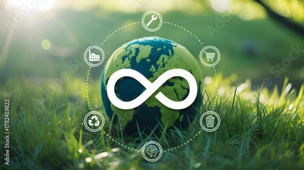 Fototapeta Sustainable Earth with Circular Economy Symbols on Green Grass, Envisioning a Future of Eco-Friendly Manufacturing and Responsible Consumption
