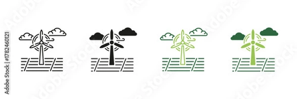 Fototapeta Wind Turbine With Solar Panels And Clouds Line And Solid Icon Set. Renewable Energy, Sustainable Power Generation, Eco-Friendly Technology Symbols. Clean Energy. Isolated Vector Illustration