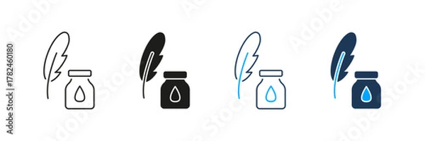 Obraz Quill And Ink Bottle Line And Solid Icon Set. Traditional Writing, Calligraphy, And Creativity Symbol Collection. Artistic Expression And Historical Communication. Isolated Vector Illustration