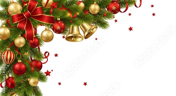 Fototapeta Christmas tree branch with ornaments and bells isolated on transparent background