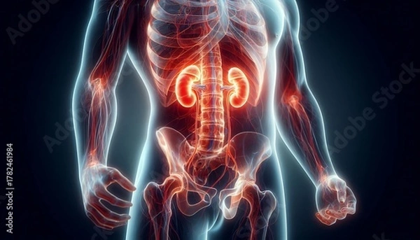 Fototapeta Anatomical illustration of human kidneys and circulatory system glowing with internal energy