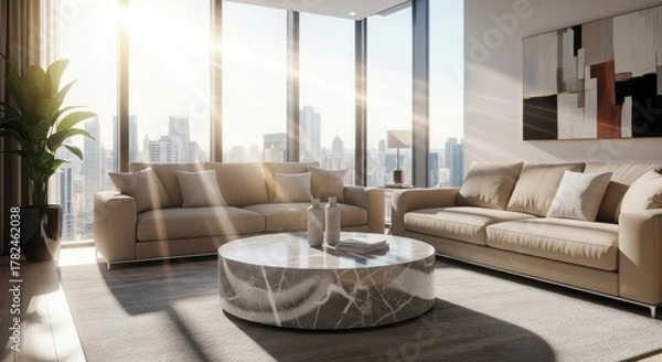 Obraz Luxury Modern Living Room with Marble Coffee Table and Sunlight Streaming Through Large Windows