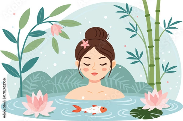 Fototapeta Beauty salon and spa doodle set. Skin care and natural treatment, natural cosmetics concept, time for yourself. Spa with aroma oil, nail file, sleep mask and other care items.	