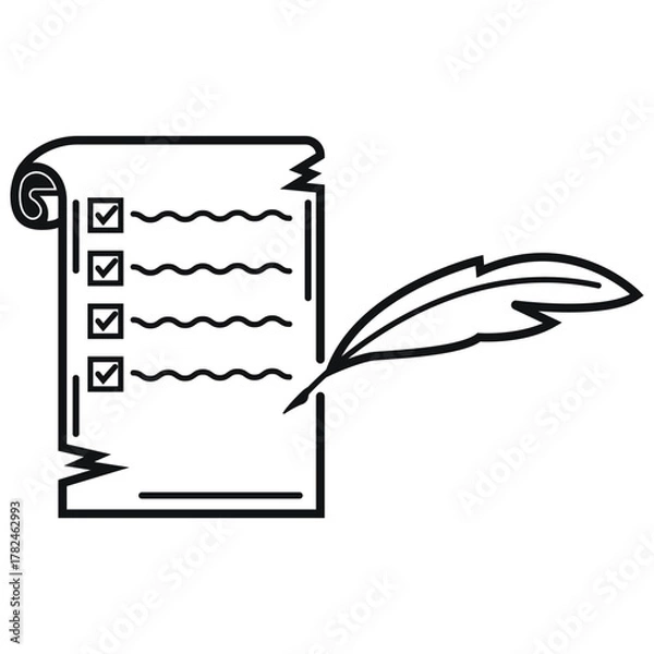 Obraz Checklist Document Icon with Feather Pen Vector Illustration  - Scroll-Like Edges Classic Vintage