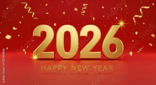 Obraz Golden year number two thousand twenty six with confetti on a red happy new year background