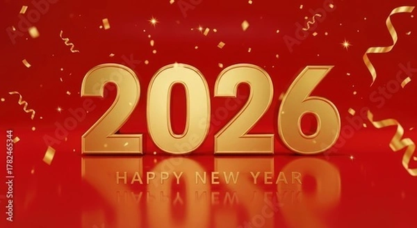 Obraz Golden year number two thousand twenty six with confetti on a red happy new year background