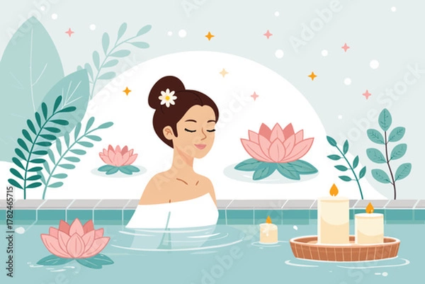 Fototapeta Spa center service flat vector illustrations set. Beauty salon visitors and workers cartoon characters. Wellness center procedures and equipment pack. Hot stone massage, foot bath and facial masks.