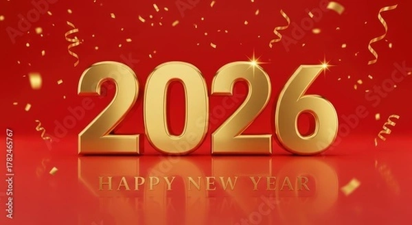 Obraz Golden year number two thousand twenty six with confetti on a red happy new year background