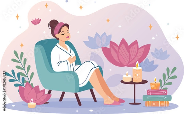 Fototapeta Spa center service flat vector illustrations set. Beauty salon visitors and workers cartoon characters. Wellness center procedures and equipment pack. Hot stone massage, foot bath and facial masks.