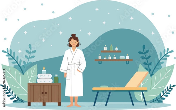 Fototapeta Spa center service flat vector illustrations set. Beauty salon visitors and workers cartoon characters. Wellness center procedures and equipment pack. Hot stone massage, foot bath and facial masks.