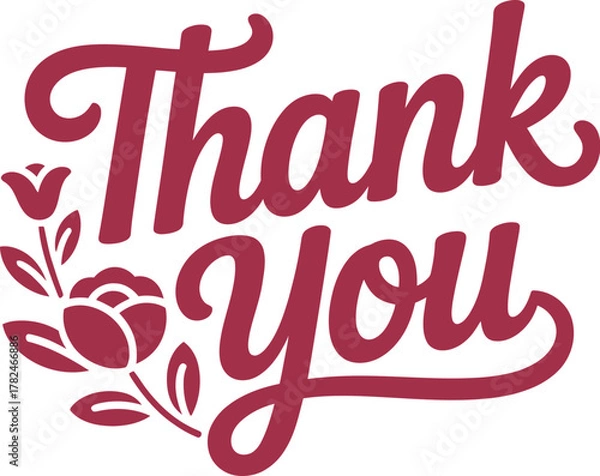 Fototapeta Thank you graphic with a floral accent and flowing script lettering.