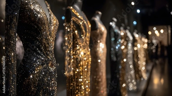 Fototapeta Row of shimmering sequined evening gowns displayed on mannequins in a dimly lit setting