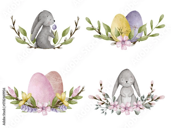 Obraz Watercolor bunny and Easter eggs compositions
