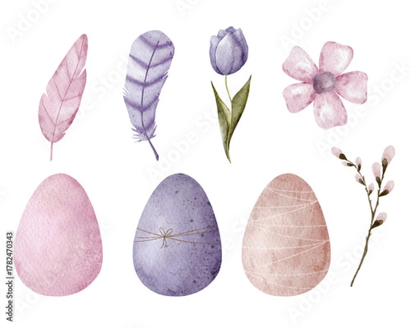 Obraz Easter watercolor elements set – eggs, flowers, leaves