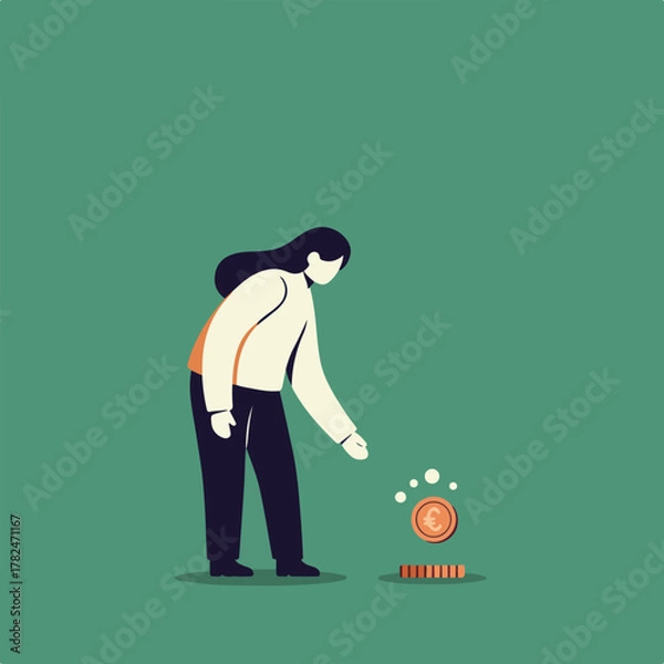 Fototapeta A person with dark hair, reaching for a falling coin with a Euro symbol. Other coins rest below. Green backdrop