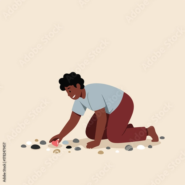 Fototapeta An illustration shows a person on their knees, picking up a heart-shaped object from among pebbles