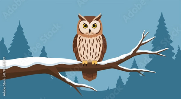 Fototapeta Owl perched on a snowy branch with a forest backdrop