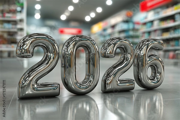 Fototapeta Shiny chrome balloon numbers 2026 standing in supermarket aisle