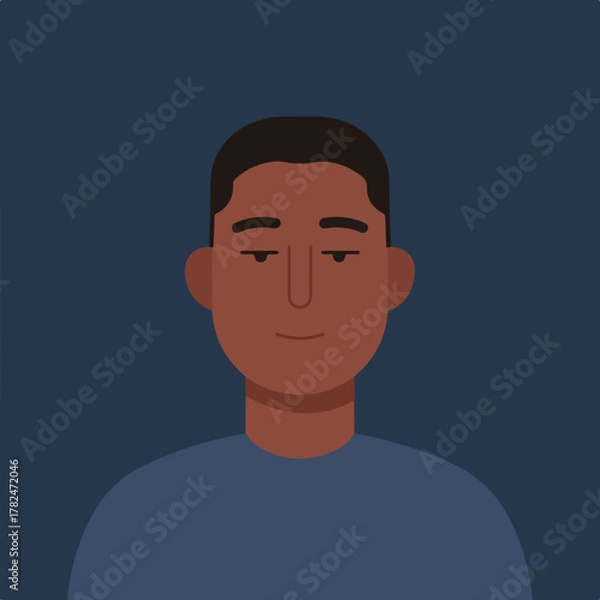 Fototapeta A minimalistic, flat illustration of a black man's face,  eyes slightly closed,  centered on blue background