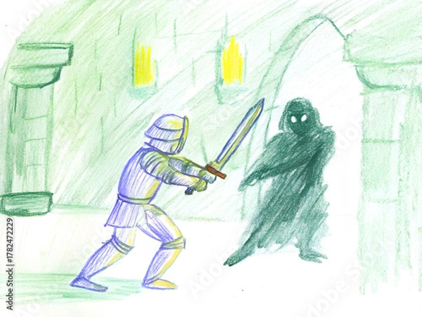 Fototapeta Medieval knight fights dark shadowy monster in ancient dungeon