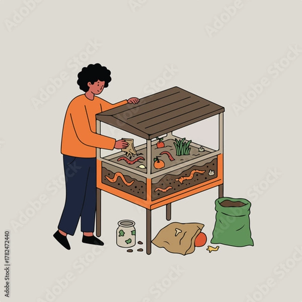 Fototapeta An illustration depicts a person tending to a worm bin with various composting items surrounding it