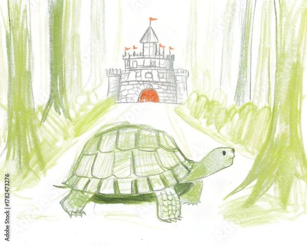 Fototapeta Crayon sketch of a tortoise walking to a castle in a green forest
