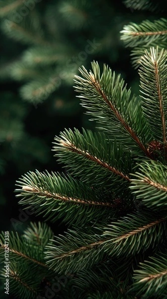 Fototapeta Morning rain leaves droplets on pine branches, showcasing nature's beauty. The scene is calm and peaceful, inviting reflection