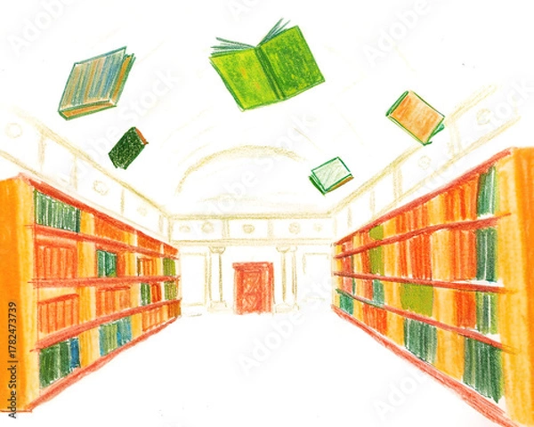 Fototapeta Whimsical crayon drawing of colorful books floating in library
