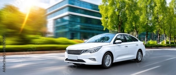 Obraz A white vehicle is parked in the foreground, showcasing its tire, while another car drives in the background on a sunny day