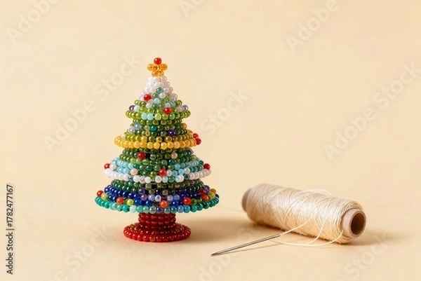 Fototapeta Christmas tree crafted from tiny multicolored beads with needle and thread on light beige background, luxury kids art holiday concept, soft studio lighting, sharp focus, copyspace for festive, craft,