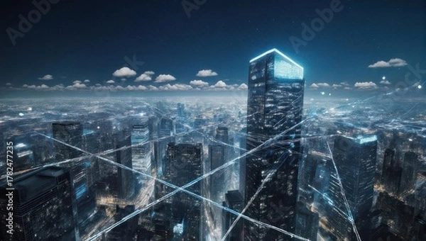Obraz Illuminated skyscraper, networked, at night; city sprawls beneath, connected by lines
