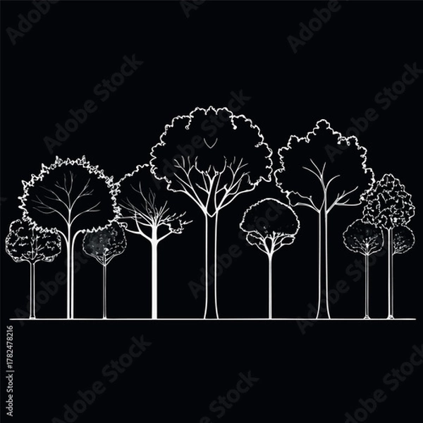 Fototapeta Architectural Drawings, Minimal style cad tree line drawing, Side view, set of section wetland forest outline for landscape design drawing. Vector illustration in seperate element