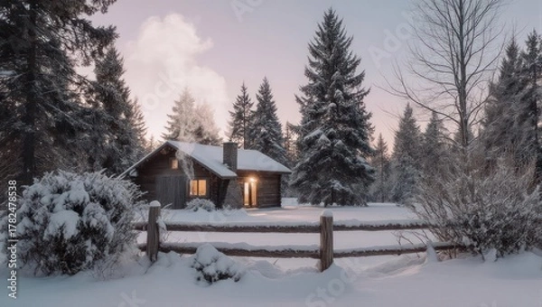 Obraz Cozy cabin nestled in a snowy forest, smoke rising under a serene, pastel-colored sky
