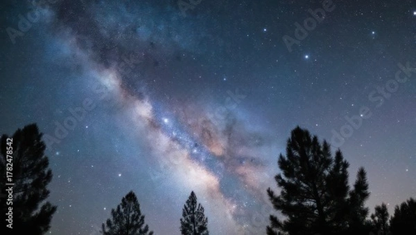 Obraz Majestic night sky reveals the Milky Way, trees silhouetted against the cosmos