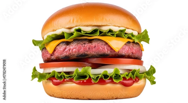 Fototapeta Classic Burger Stack with Beef Patty and Fresh Vegetables: Delicious Cheeseburger Isolated on Transparent Background