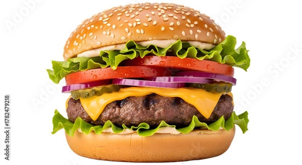 Fototapeta Mouthwatering Gourmet Burger with Sesame Seed Bun: Loaded with Fresh Veggies, Cheese, and Tasty Beef Patty Isolate