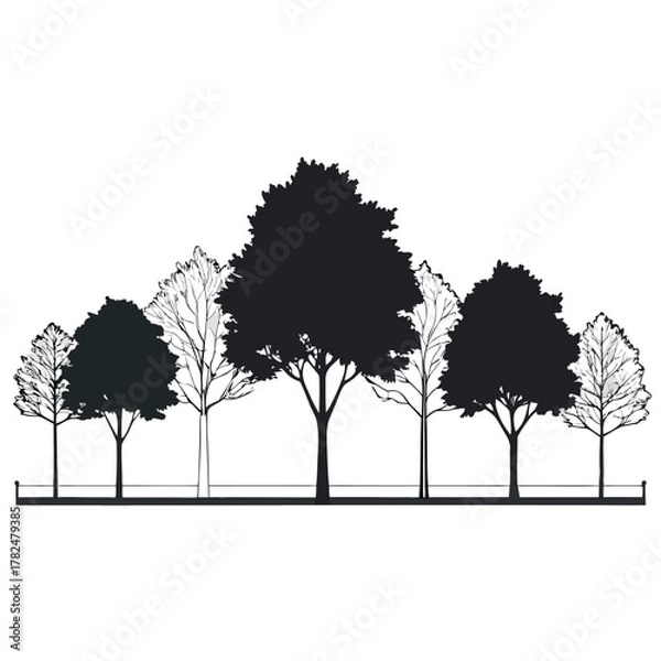 Fototapeta Architectural Drawings, Minimal style cad tree line drawing, Side view, set of section wetland forest outline for landscape design drawing. Vector illustration in seperate element