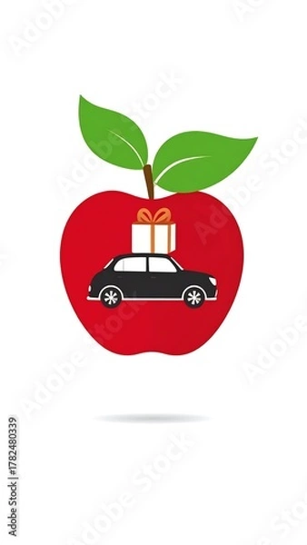 Fototapeta Car with a gift on top inside a stylized red apple with green leaves, graphic