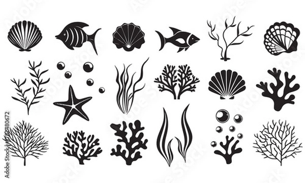 Obraz Marine Life Silhouette Vector Set | Coral, Seashell, Starfish, and Fish Clipart Collection