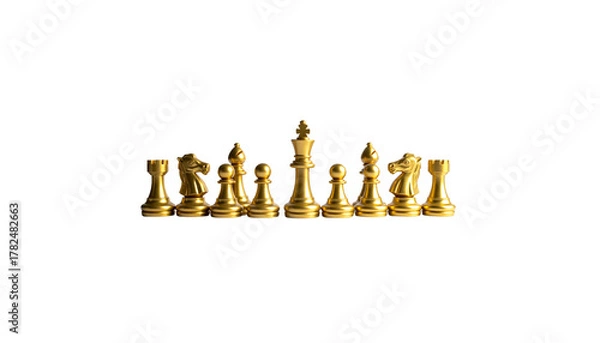 Fototapeta Isolated white chess pieces on the board represent a competitive strategy game on a white background