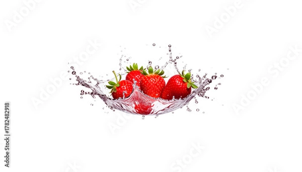 Fototapeta Red ripe strawberries splashed into fresh water on white background