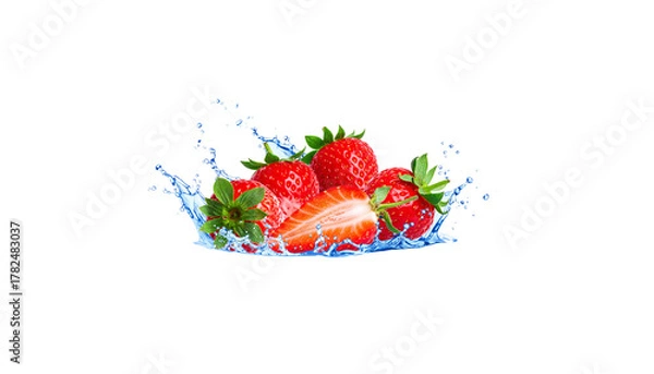 Obraz Red ripe strawberries splashed into fresh water on white background