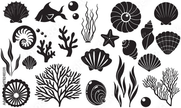 Fototapeta Marine Coral and Seashell Silhouette Vector Set | Ocean Life and Seaweed Clipart ,