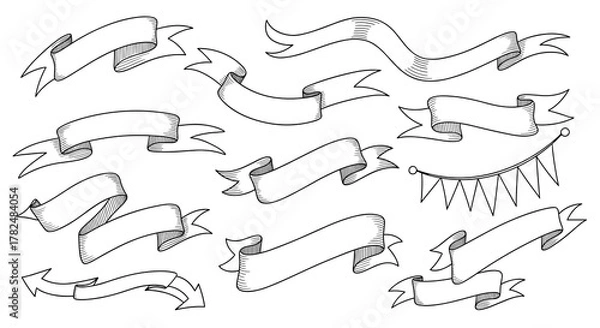 Fototapeta Versatile assortment of hand-drawn ribbons and banners, including flag and arrow designs, in a classic sketched ink style.