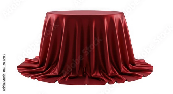 Fototapeta Round table covered with luxurious red satin cloth presentation